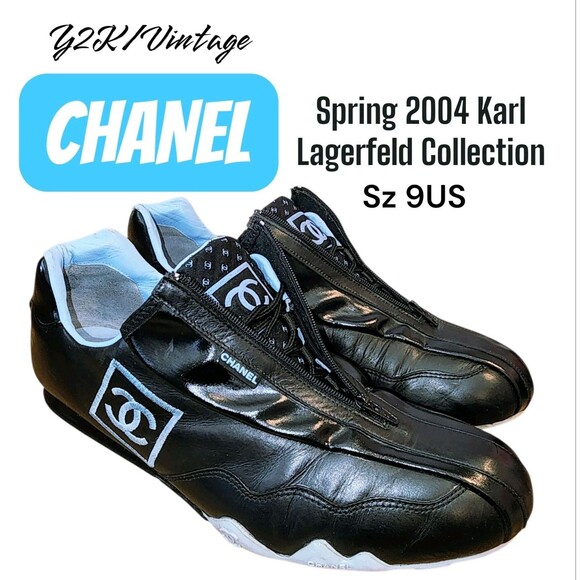 CHANEL Sz9 Y2K Vtg Spring 2004 Karl Lagerfeld AOP CC Logo Zip/Lace Leather Shoes - Picture 1 of 16